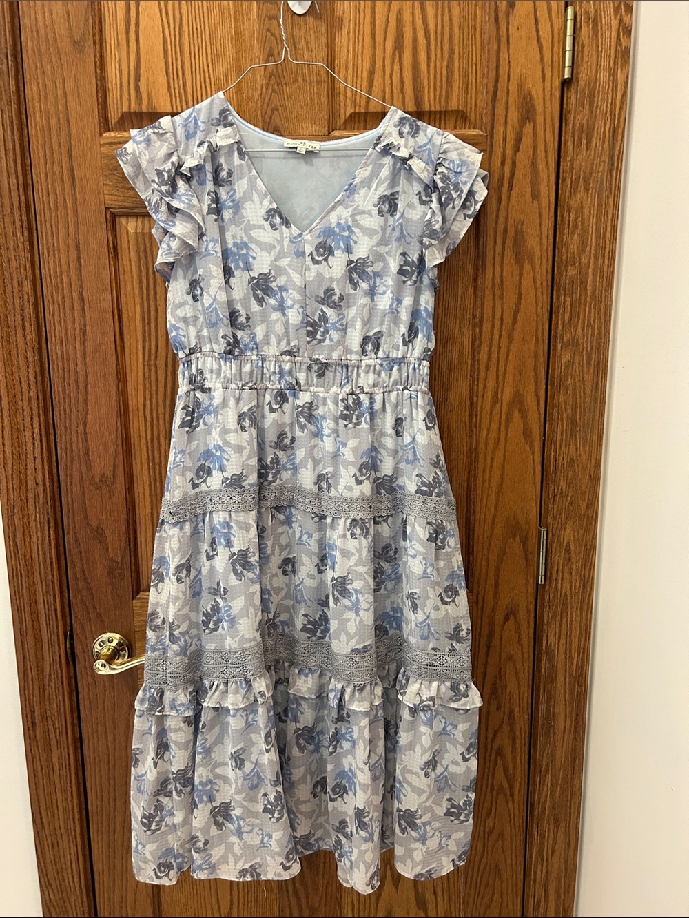 Moon River Light Blue and Gray Floral Ruffle Midi Dress